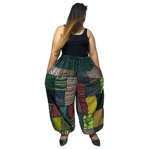 Beautiful Boho Plus-Size Patchwork Pant-Ethically Made Multicolored-Multi Patched with 2 Pocket, Elastic Ankle. Assorted Colors and Unique.