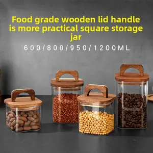 High Borosilicate Square Glass Jar for Dried Tangerine Peel, Coffee Beans, Food Grade Storage Container, Tea Leaf Sealed Storage Jar with Wooden Lid, Kitchen Spice Jars Canister