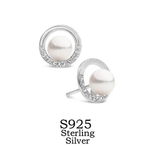 Elegant S925 Sterling Silver Halo Pearl Stud Earrings | Shimmering Cultured Artificial Pearl Centerpiece | Minimalist & Dainty Jewelry Gift for Women
