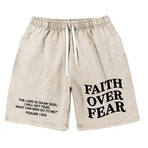 Faith Over Fear Shorts Christian Jesus Elastic Waist Summer Letter Graphic Acid Wash Shorts with Pockets Womenswear - Vintage Streetwear, Y2K Oversized Casual Gym Shorts Athletic Everyday Style