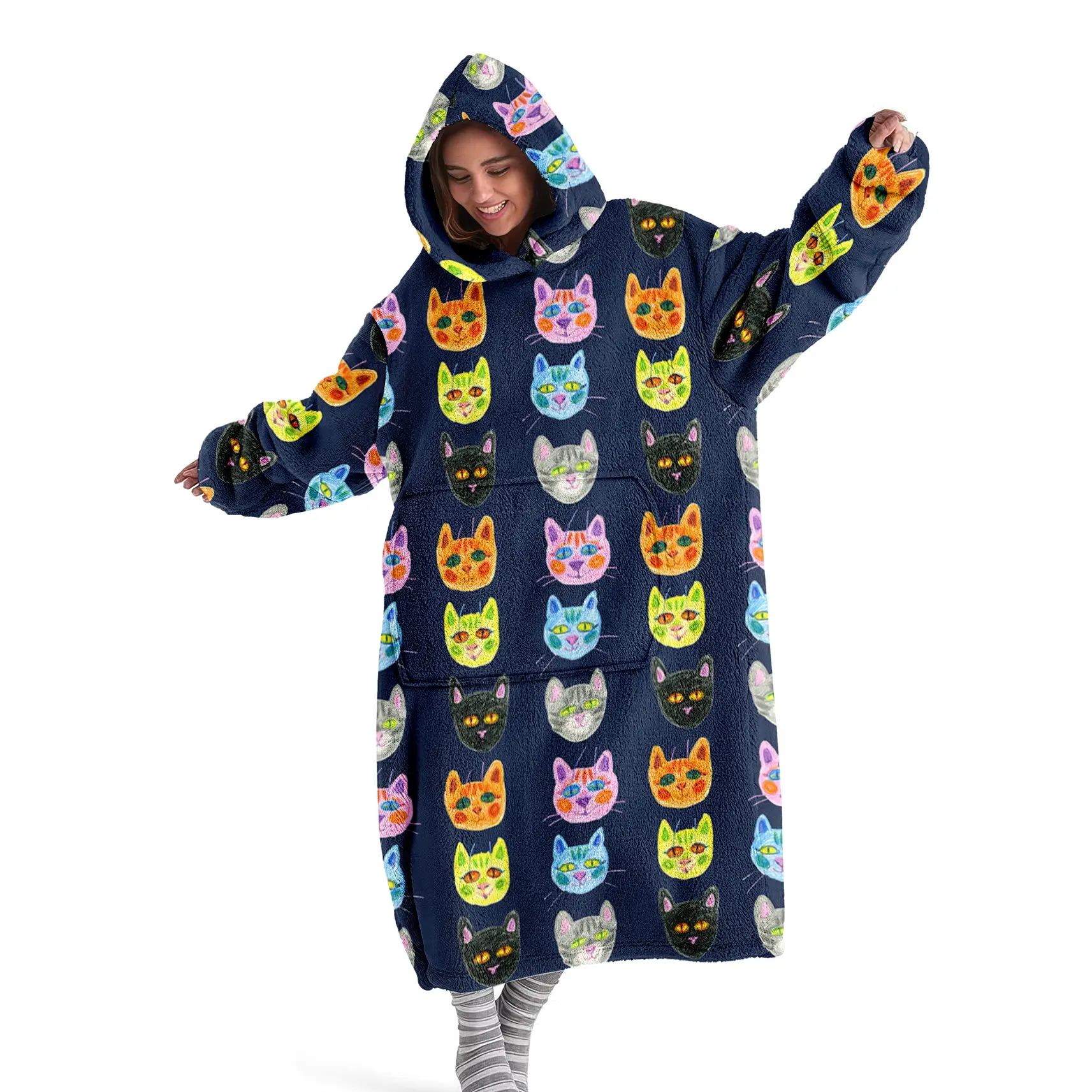 hoodie blanket，Wearable Blanket，Cute Cartoon Cat Print Hooded Blanket, Wearable Soft Warm Home Blanket, Large Front Pocket, Perfect Gift for Birthday Christmas Valentine's Day，Christmas Gift,Valentine's Day gift, Cartoon Pattern Blanket