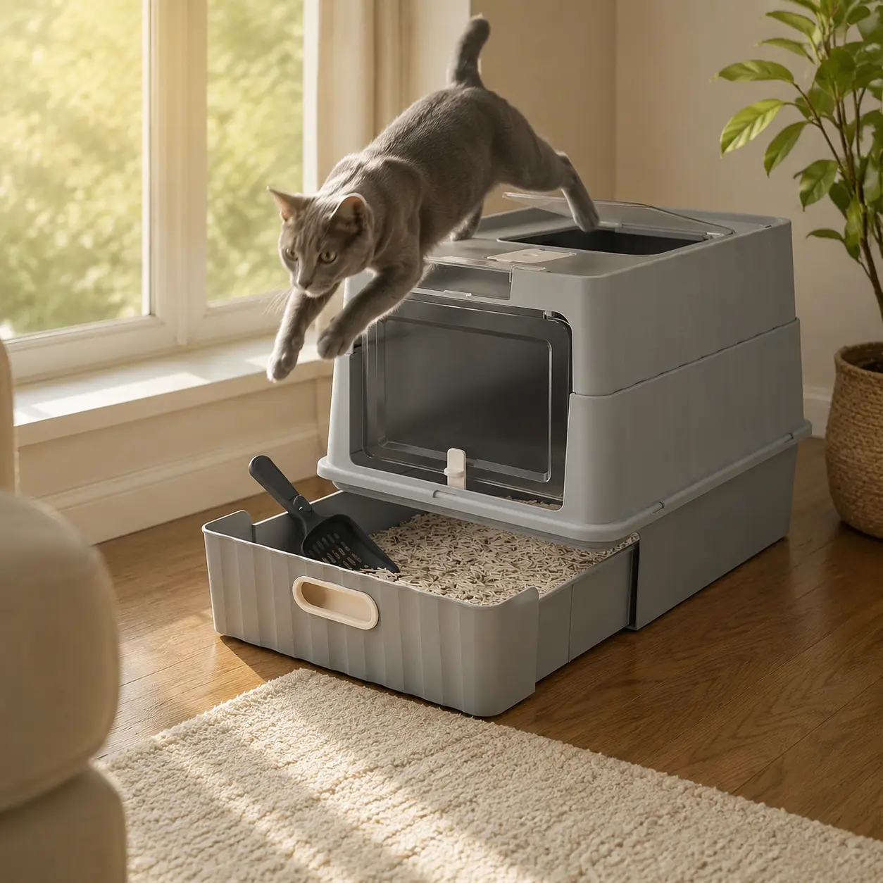 Extra-large, fully enclosed drawer-style cat litter box with dual entryways to prevent splashing, odor control lock, suitable for large cats and multi-cat households, includes a cat litter scoop.