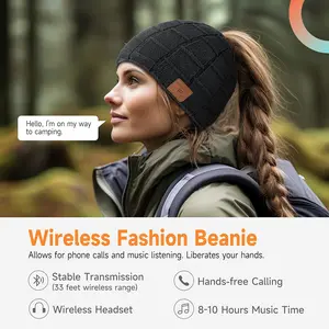 Women's Bluetooth-compatible Beanie with Ponytail Hole, Wireless Knitted Beanie with Headphones for Music and Warmth, Ideal for Outdoor Activities