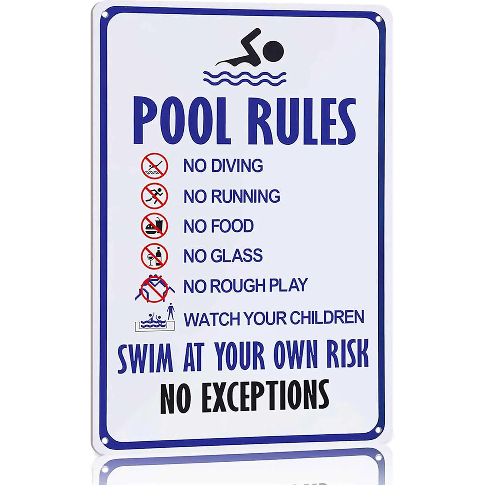Pool Rules No Diving No Running Swim At Your Own Risk 12x8 Inch Aluminum Metal Sign - Essential Safety Wall Decor for Backyard Pool, Spa, Hotel, and Public Swimming Areas - Durable Tin Sign Gift for Pool Owners & Facility Managers