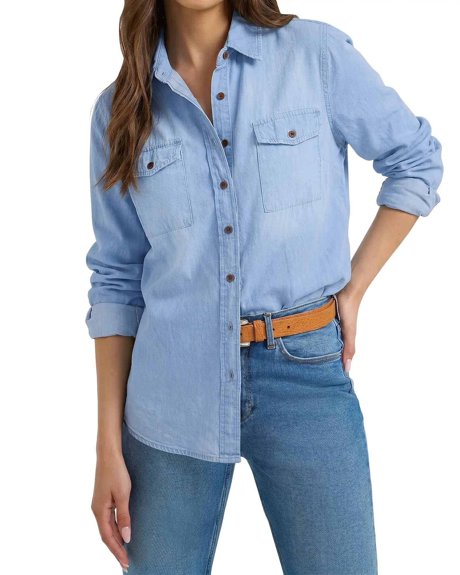 luvamia Denim Shirt Women Chambray Jean Western Shirts Long Sleeve Button Down Tops Cotton Collared Casual Womenswear Blouse
