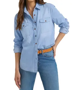 luvamia Denim Shirt Women Chambray Jean Western Shirts Long Sleeve Button Down Tops Cotton Collared Casual Womenswear Blouse