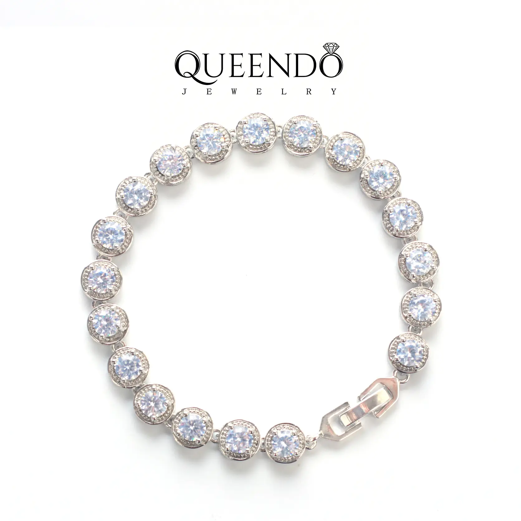QUEENDO Multi-Color Round Halo Inlaid Link Bracelet, Sparkling Wrist Accessory, Jewelry Gift for Dating, Party, Daily & Holiday Outfit Matching