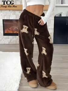 Women's Cartoon Bear Pattern Fleece Sleepwear, Thick Knit Warm Home Pants, Comfortable Soft Velvet Nightgown, Casual Fit for Fall Winter, Loungewear