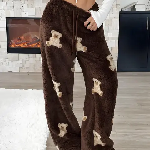 Women's Cartoon Bear Pattern Fleece Sleepwear, Thick Knit Warm Home Pants, Comfortable Soft Velvet Nightgown, Cozy Loungewear Sleepwear, Casual Fit for Fall Winter, Loungewear Pajamas
