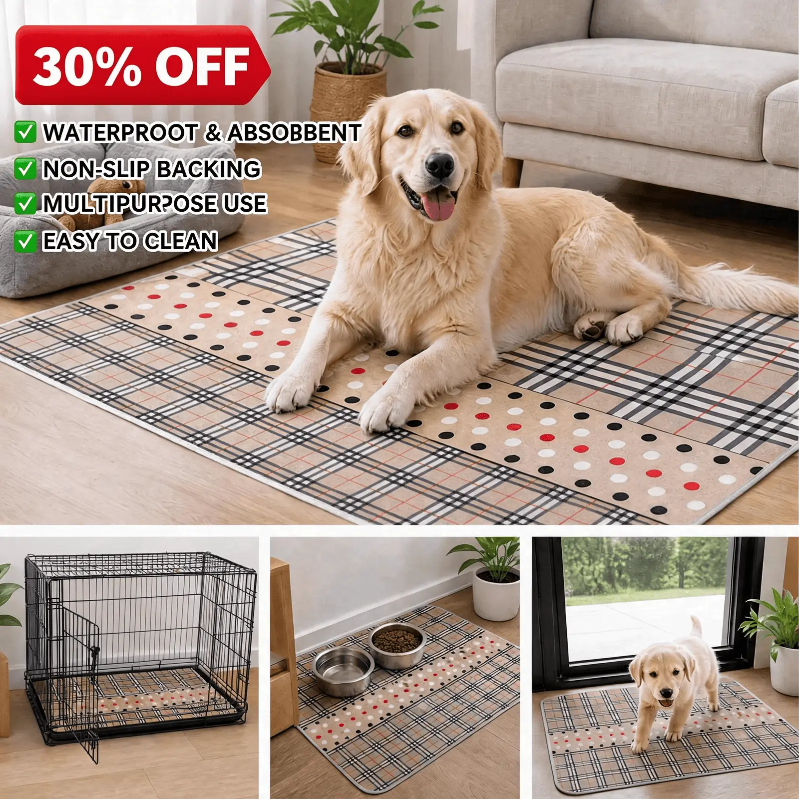 Waterproof Absorbent Pet Mat for Dogs and Cats, Non-Slip Dog Crate Mat, Soft Feeding Bowl Floor Protector Rug for Indoor Use