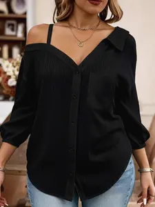 Elegant Women's Plus Size Asymmetrical Shoulder Long Sleeve Shirt, Loose Fit Pure Color Fashion Top, Comfortable Casual Blouse Womenswear