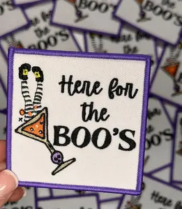 Halloween Here for the Boo's Patch - Embroidered Twill Design with Merrow Border & Iron On Backing - 8cm x 8cm Halloween Cowboy Ghost Boo Patch
