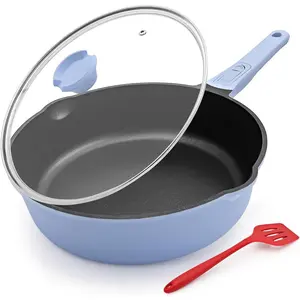 12 Inch Non Stick Frying Pans with Lid, 5 QT Nonstick Deep Frying Pan Skillet, Saute Pan with Detachable Handle, Compatible with  Stoves, Oven Safe, PTFE & -Free, Blue