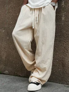 Men's Textured Striped Straight Leg Casual Pants, Loose Fit Slimming, Japanese Lazy Style, Easy Comfortable Look
