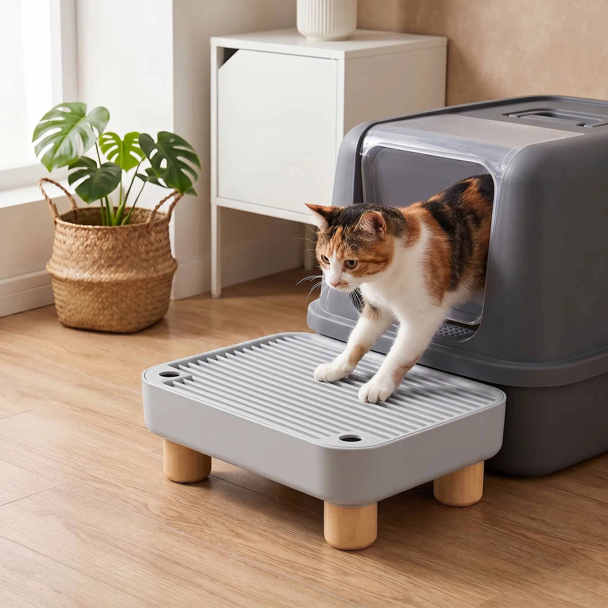 Wood Base Cat Litter Box Step, 11.8"x7.9"x3.6" Large Anti-Tracking Ramp Catcher for Cats