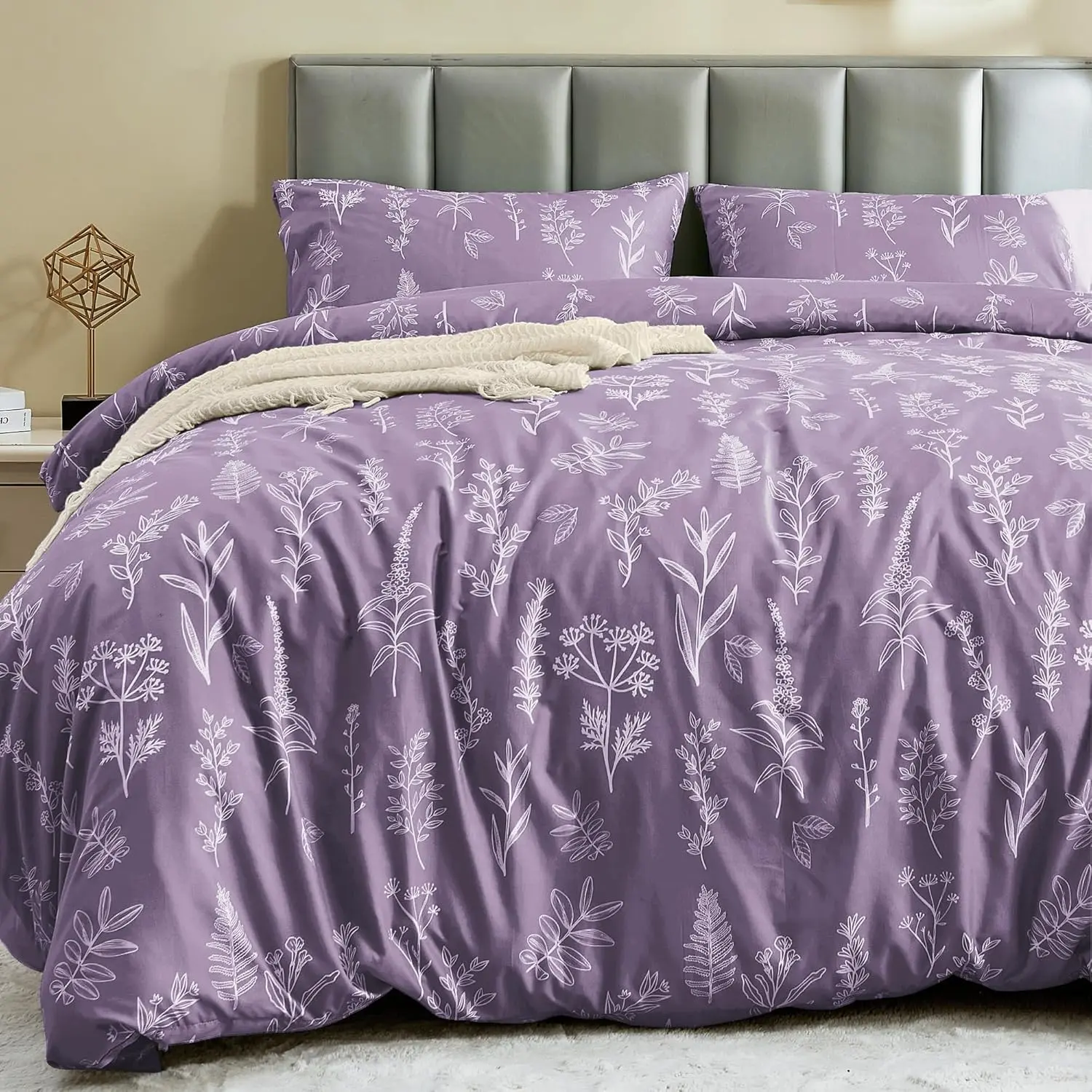 JOLLYVOGUE Duvet Cover Queen Size, Reversible Floral Grayish Purple Duvet Cover Set with Zipper Closure, 3 Pieces Botanical Patterns Soft Microfiber Bedding Set with 4 Ties (90"x90", 2 Pillow Cases)