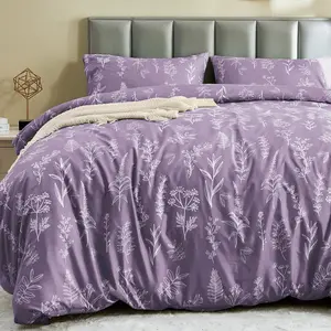JOLLYVOGUE Duvet Cover Queen Size, Reversible Floral Grayish Purple Duvet Cover Set with Zipper Closure, 3 Pieces Botanical Patterns Soft Microfiber Bedding Set with 4 Ties (90"x90", 2 Pillow Cases)