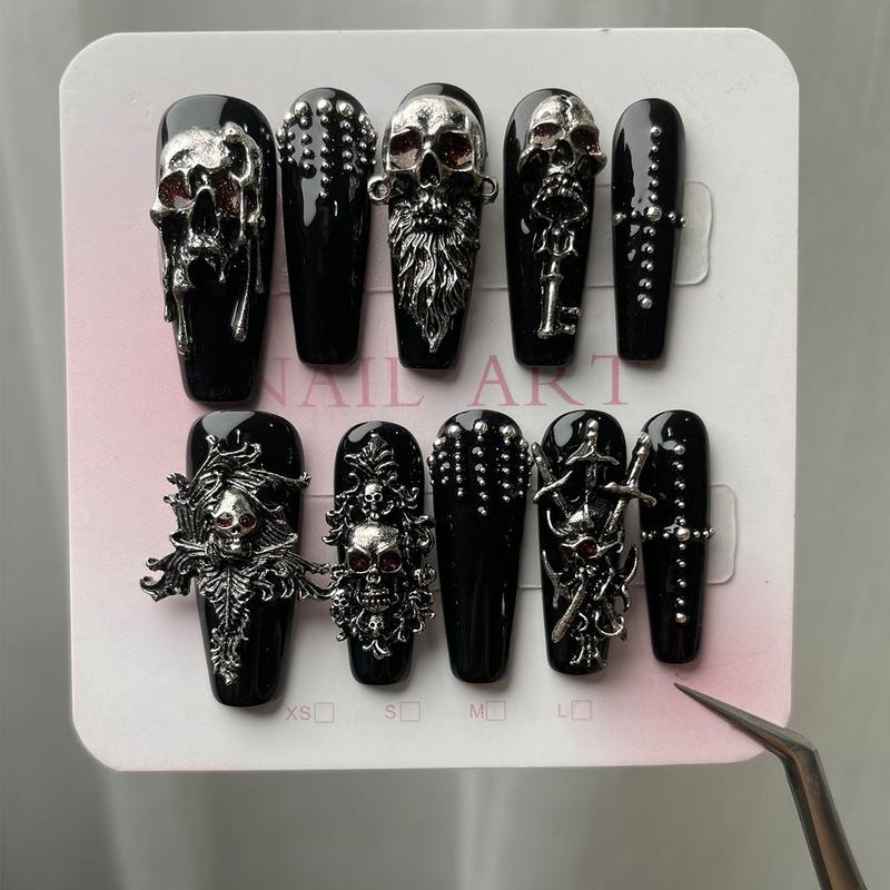 10 PCS Handmade 3D Silver Color Skull Press On Nails, Stylish Acrylic Nails, Halloween Witch Armor Gothic Fake Nails, Long Ballerina/Stiletto Shape, Removable