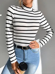 Women's Striped Long Sleeve High Neck Knit Top, Fitted Casual Sweater for All Seasons, Classic Style Women's Clothing