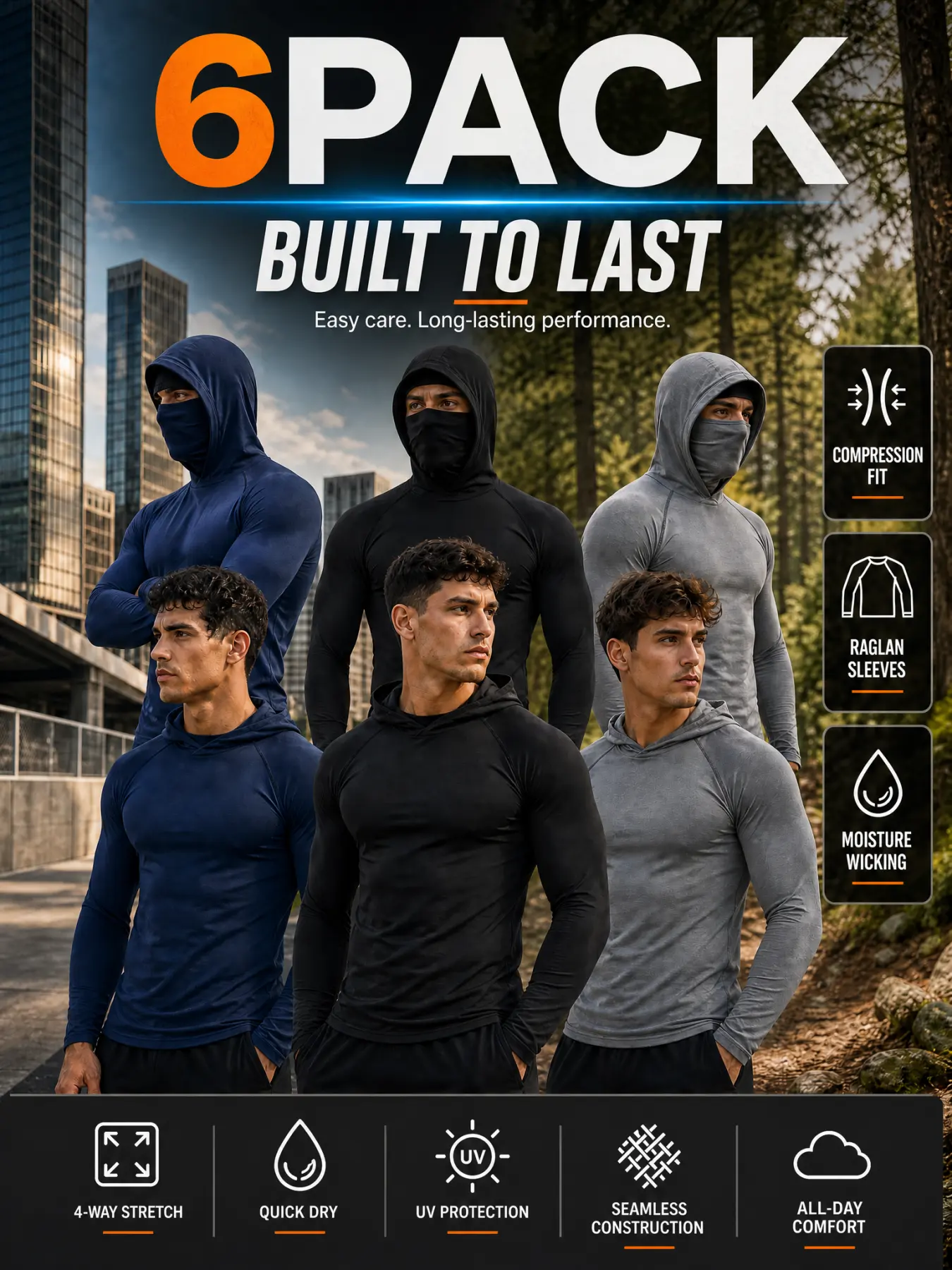 6 Pack Mens Athletic Compression Hooded Shirts, Face Cover Design, Moisture Wicking UV Sun Protection, 4 Way Stretch Seamless Long Sleeve Sports Top for Workout Cycling Hiking Training