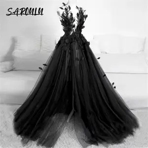 Gothic Black Wedding Dress With 3D Appliques Tulle A Line Sleeveless