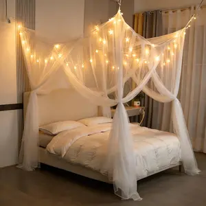 Net Bed with 66ft LED Star String Lights for Bed, White Netting Four Corner Post Curtains Bed Drape Elegant Net