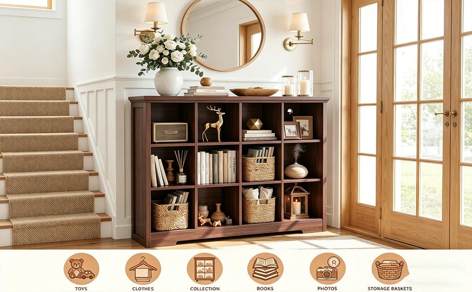 Wooden 12-Cube Storage Organizer with Power Outlets, Modern Cube Bookcase with Base, 4-Tier Floor Standing Open Cubbies Bookshelf for Home and Office