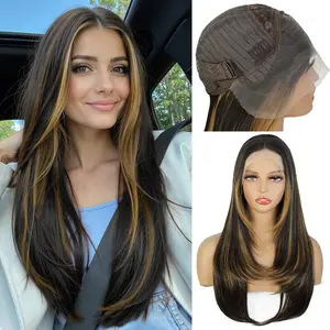 Wear and Go Glueless Wigs for Women Synthetic Lace Front Black Wig with Bangs Layered Pre Plucked Pre Cut 13x4 HD Lace Long Black Ready to Wear Middle Part 26 Inch