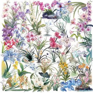 50pcs Orchid Grass Transparent PET Material Graffiti Stickers, Suitable for Luggage, Phone Cases, Laptops, Helmets, Skateboards, Waterproof Decorative DIY Creative Stickers