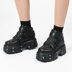 Goth Platform Ankle Boots for Women Square Toe Chunky Block Heel Velcro Studs Punk Party Rave Concert Motercycle Trendy Gothic Booties