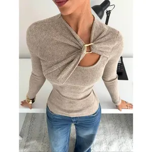Women's Fall Winter Slim Fit Knit Textured Ribbed Soft Fabric Asymmetrical Drape Hollow Out Metal Buckle Long Sleeve T-Shirt
