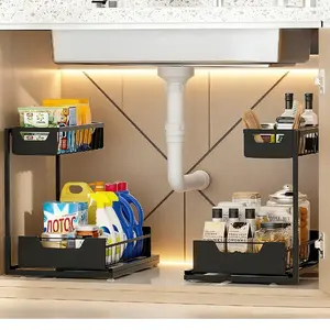 2 Pack Under Sink Organizer,Metal Pull Out Cabinet Organizer Shelf,Kitchen Bathroom Organizers with Sliding Drawer,Storage Shelves,Storage and organization for Home,Laundry,RV,Pantry,Spice,Black