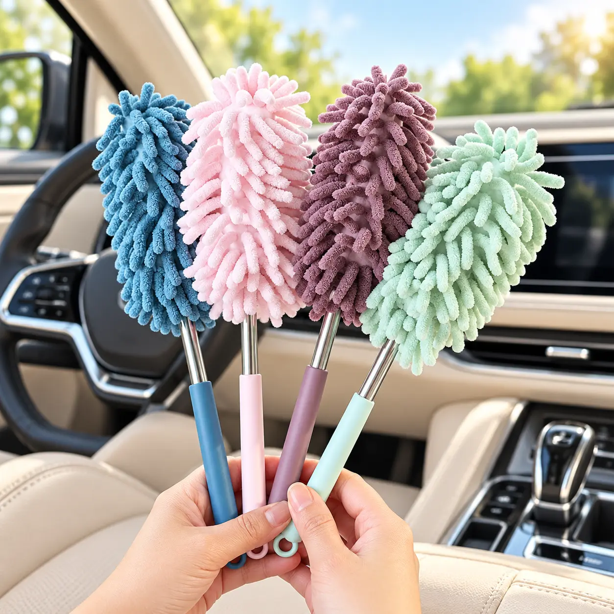 Microfiber Car Duster, Extendable Dusting Brush for Car Interior, Dashboard, Air Vents, Screens & Home Cleaning, Reusable Chenille Dust Remover