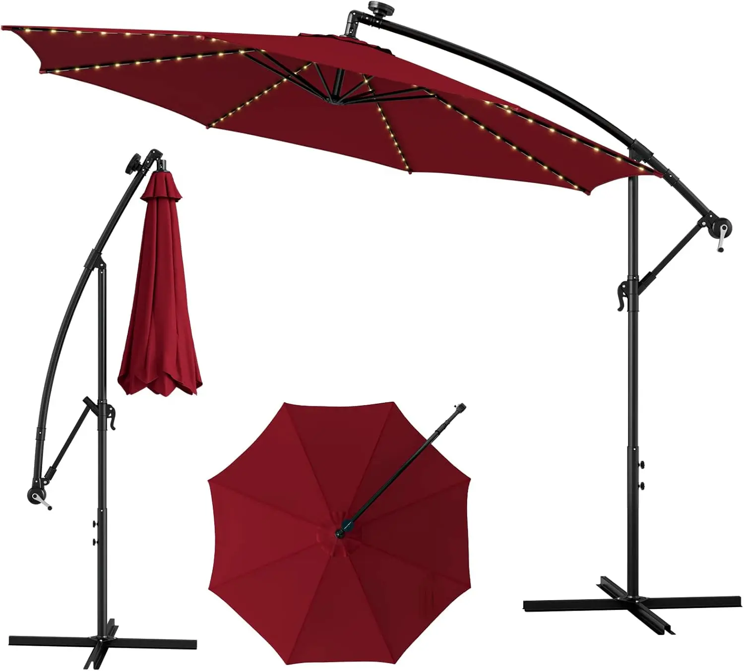 Vallmore 10FT Solar Cantilever Hanging Parasol with 112 LED Meteor Shower Lights, 1800mA Panel, 2-Tier Vented Top, 80 Sq Ft Cover for Backyard, Deck, Poolside (Beige, Tan, Navy, Burgundy)