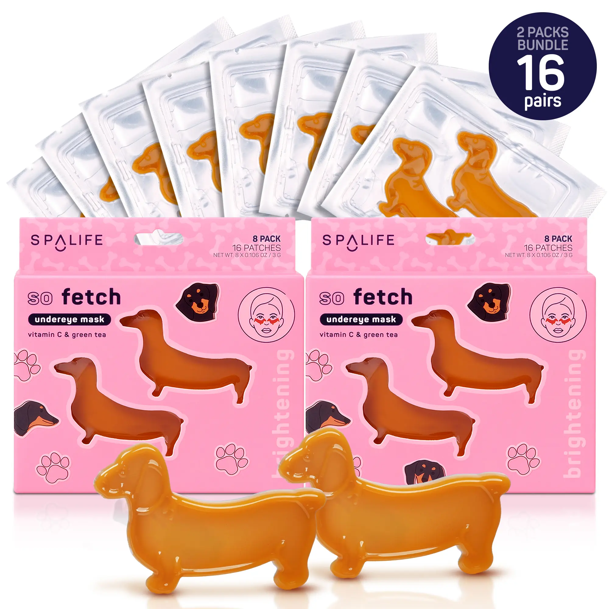 SpaLife Beauty | So Fetch Brightening Hydrogel Under Eye Patches | For Puffy Eyes and Dark Circles | Dachshund-Shaped Eye Masks With Vitamin C + Green Tea | 16 Pack