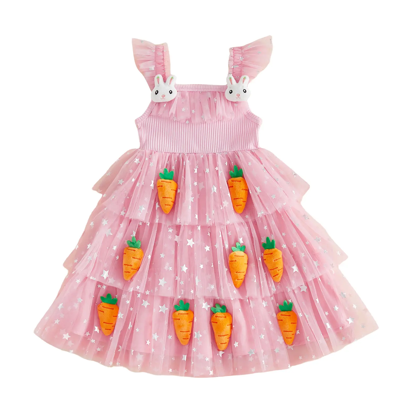 Toddler Baby Girls Easter Dress Fly Sleeve Square Neck Sequin 3D Carrot Bunny Tulle Tutu Dress Princess Party Dresses 1-6 Years