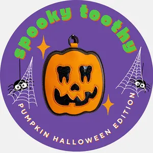 Spooky Toothy Pumpkin Coin Purse - Pink & Tan Tooth Shape Gold Trim Zipper Pocket for Cards & Cash Compact Halloween Edition