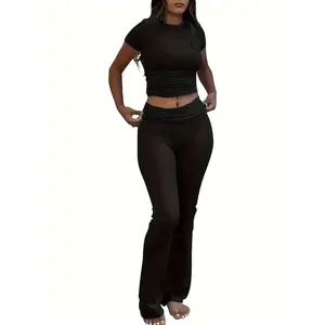 Casual Sports Women's Two-Piece Crew Neck T-shirt and Low Waist Bell-Bottom Pants Sportswear Streetwear
