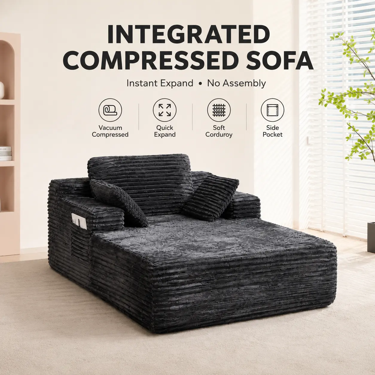 Compressed Lounge Sofa Chair, Oversized Corduroy Lazy Sofa Bed with 3 Pillows, No Assembly, Soft Deep Seat for Bedroom & Living Room