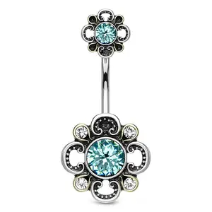Aqua CZ Antique Flower Belly Button Ring