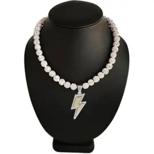 Iced Bling Disco Ball Rhinestone Crystal Bead Baseball Necklace White Out Lightning
