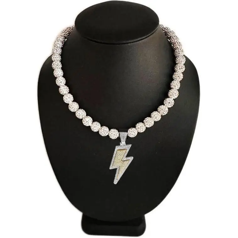 Iced Bling Disco Ball Rhinestone Crystal Bead Baseball Necklace White Out Lightning