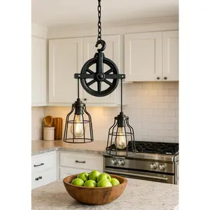 UL LISTED Farmhouse Pulley Light Fixture for Kitchen | Industrial Modern Hanging Lamp