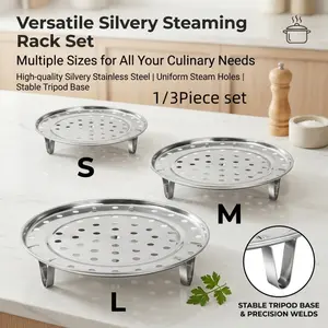 Premium 1/3-piece stainless steel steamer rack set, featuring a heat-resistant perforated steaming tray, sturdy legs, and versatile cookware suitable for steaming vegetables, desserts, and meats.