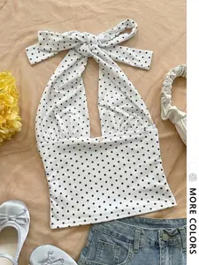 Women's Polka Dot Strapless Sleeveless Halter Neck Top, Sexy Fashion Trendy Streetwear, Outdoor Sports Casual, Summer Beach Wear, Slim Fit Versatile