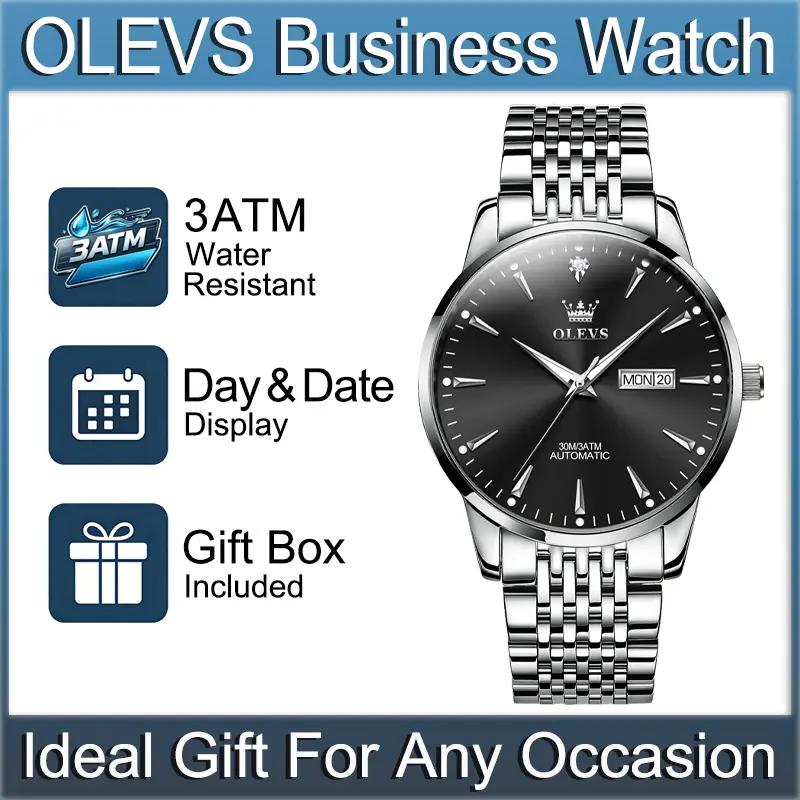 OLEVS Model 6635 High-Grade Business Look Male Watch - Self-Winding Mechanical, Minimalist Dial with Day & Date Dual Window, Luminescent Hands, Steel Strap, 3ATM Water Resistant, Ideal Men's Gift