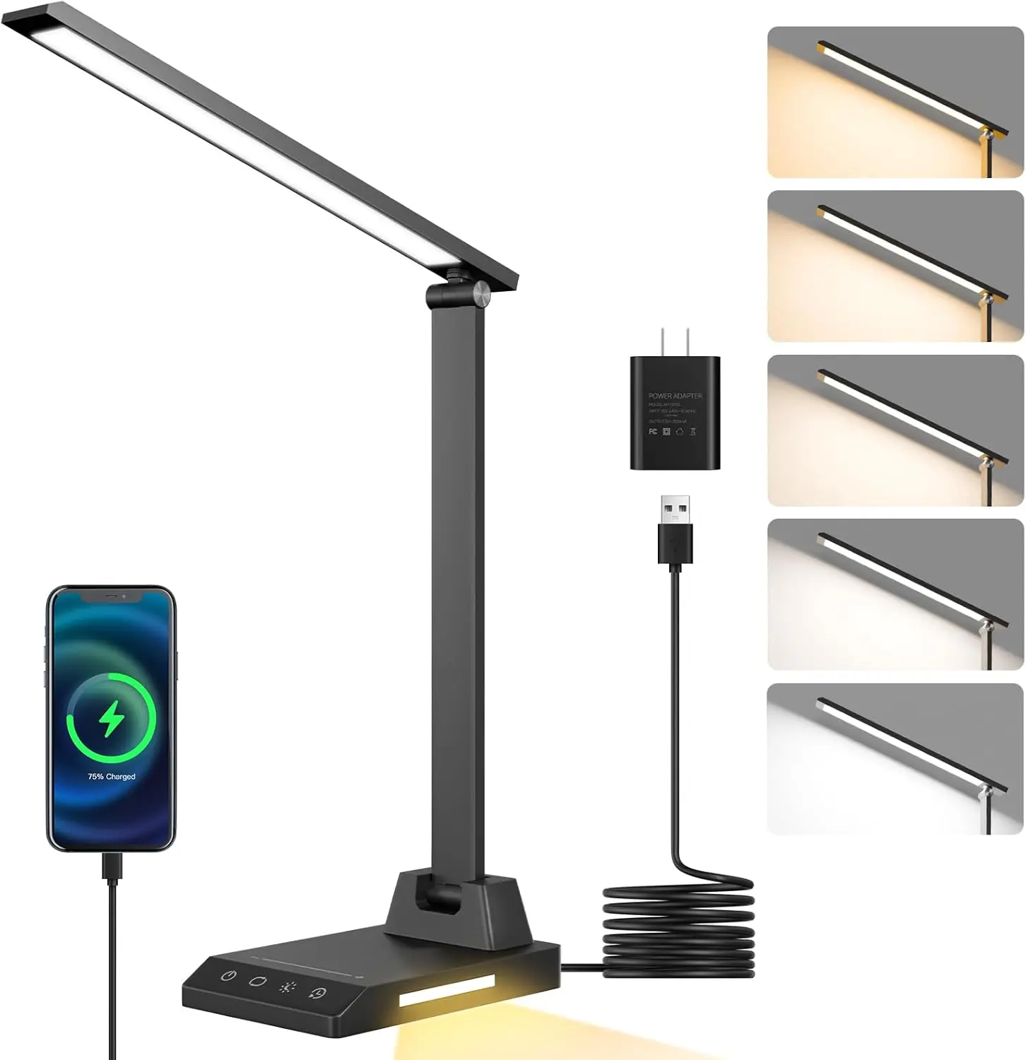 LED Desk Lamp with USB-C Charging Port, Dimmable Desk Lamp for Home Office, Eye-Caring Reading Lamp with 25 Lighting Modes, Small Desk Light for Bedroom Nightstand with Adapter