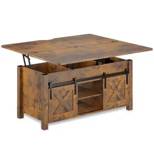 SIKAIC 4-in-1 Multi-Function Lift-Top Coffee Table - Farmhouse Style, Adjustable Height, Extendable Dining Table with Storage and Hidden Compartment, Brown, Farmhouse Coffee Table
