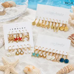 Beach Theme Hoop Earrings Shell Starfish Dolphin Palm Tree Pearl Charm Gold Tone Jewelry for Women Girls Summer Vacation Gift