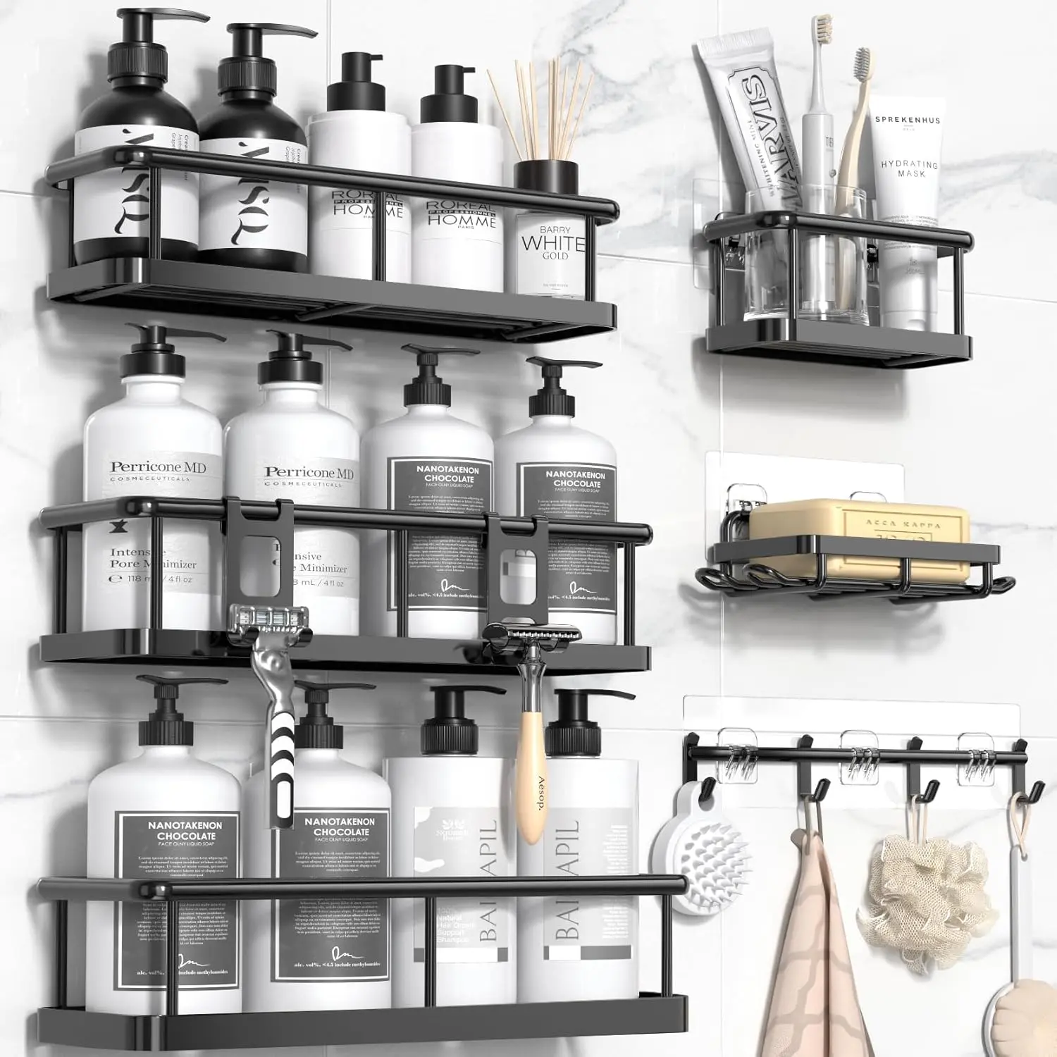 6 Pack No Drilling Adhesive Shower Caddy, Rustproof Wall Mount Shower Organizer with Soap Holder, Large Capacity Shower Shelves for Bathroom Storage & Home Decor